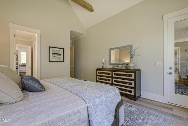 25 Blackhorn Ct, Pittsboro, NC 27312 - bedroom featuring high vaulted ceiling, ornamental molding, wood finished floors, and baseboards