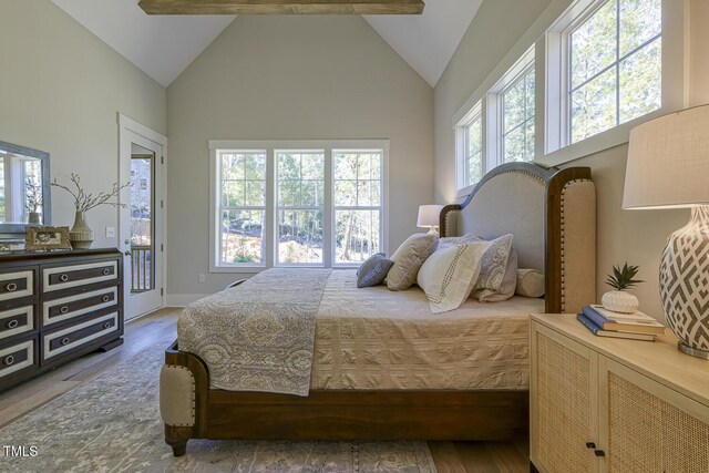 25 Blackhorn Ct, Pittsboro, NC 27312 - bedroom with high vaulted ceiling, access to outside, and dark wood-style flooring