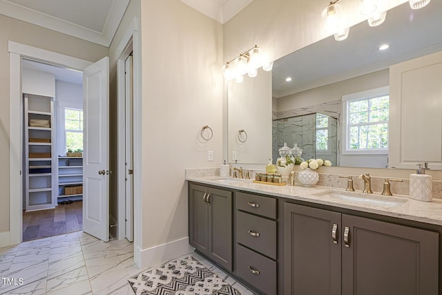 25 Blackhorn Ct, Pittsboro, NC 27312 - bathroom featuring a marble finish shower, ornamental molding, a sink, and a walk in closet