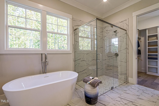 25 Blackhorn Ct, Pittsboro, NC 27312 - full bathroom featuring marble finish floor, a spacious closet, a soaking tub, a marble finish shower, and crown molding