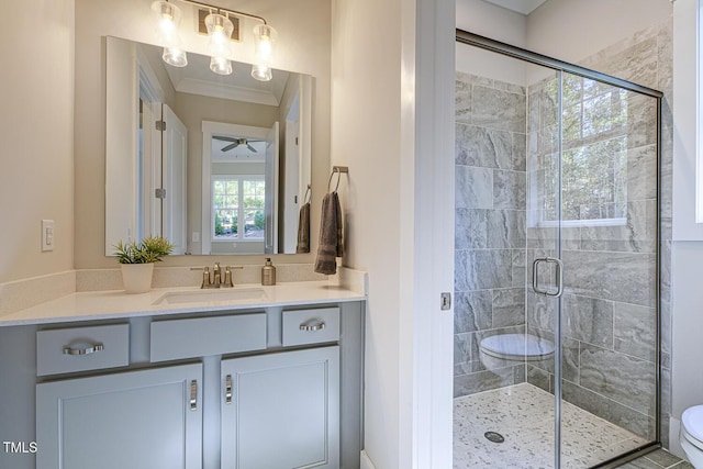 25 Blackhorn Ct, Pittsboro, NC 27312 - full bath featuring a ceiling fan, toilet, crown molding, vanity, and a shower stall