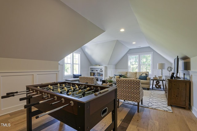 25 Blackhorn Ct, Pittsboro, NC 27312 - game room featuring vaulted ceiling, a wainscoted wall, light wood-type flooring, and recessed lighting