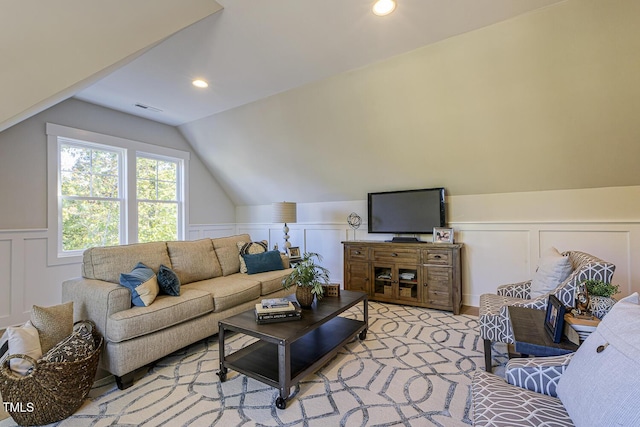 25 Blackhorn Ct, Pittsboro, NC 27312 - living room with recessed lighting, a wainscoted wall, visible vents, and vaulted ceiling