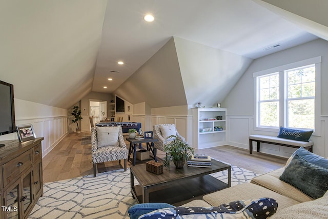 25 Blackhorn Ct, Pittsboro, NC 27312 - living room featuring light wood finished floors, visible vents, vaulted ceiling, and recessed lighting