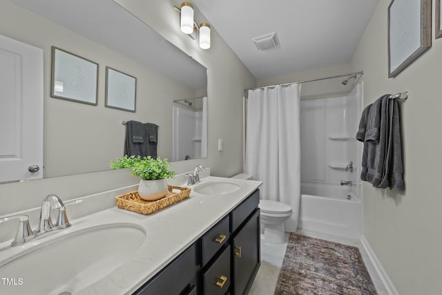 bathroom with double vanity, a sink, visible vents, and shower / tub combo with curtain