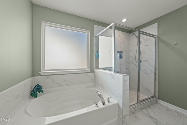 full bath featuring marble finish floor, a marble finish shower, baseboards, and a bath