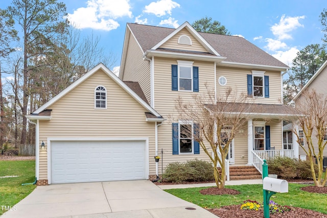 traditional home with a front lawn, a porch, roof with shingles, concrete driveway, and a garage