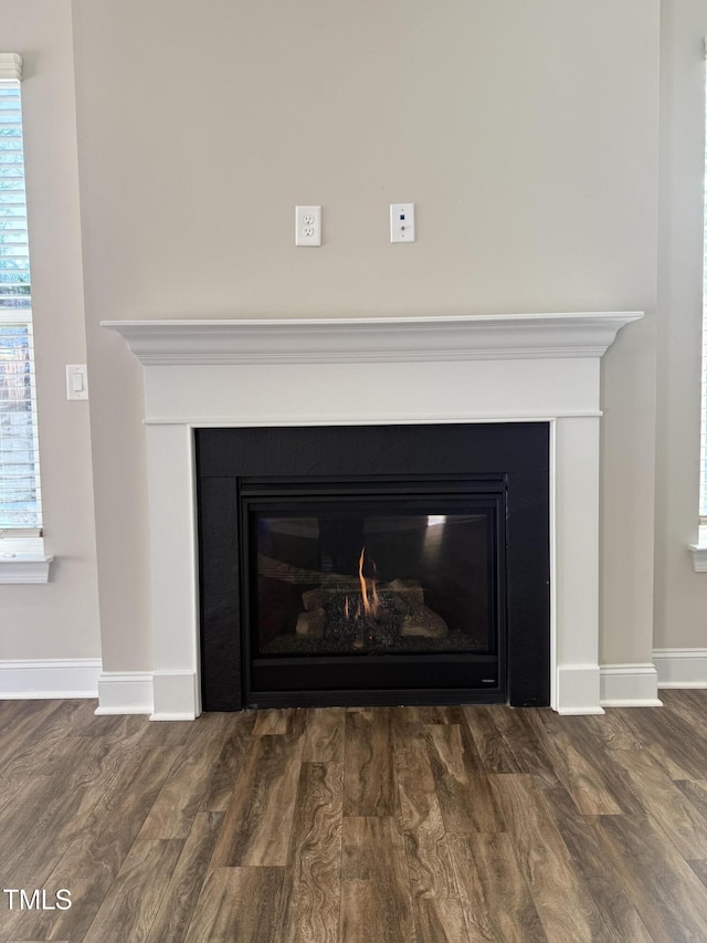 room details featuring baseboards, wood finished floors, and a glass covered fireplace