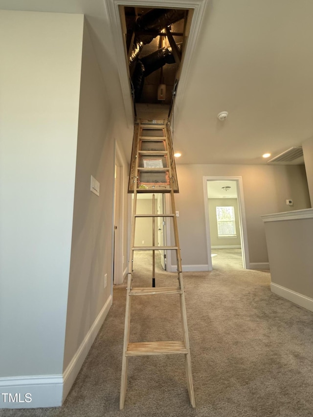 stairs featuring recessed lighting, carpet flooring, and baseboards