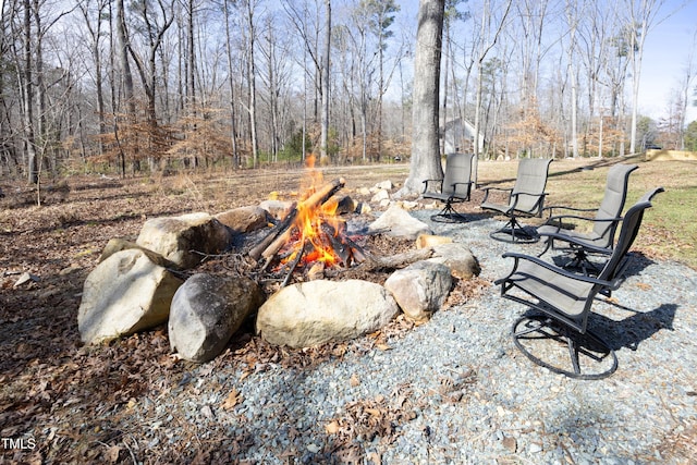 view of yard featuring a patio and an outdoor fire pit