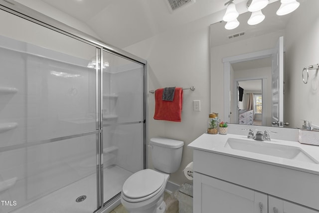 bathroom with toilet, vanity, a shower stall, and visible vents