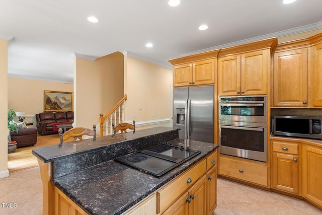 kitchen featuring light tile patterned floors, recessed lighting, stainless steel appliances, a kitchen island, and crown molding