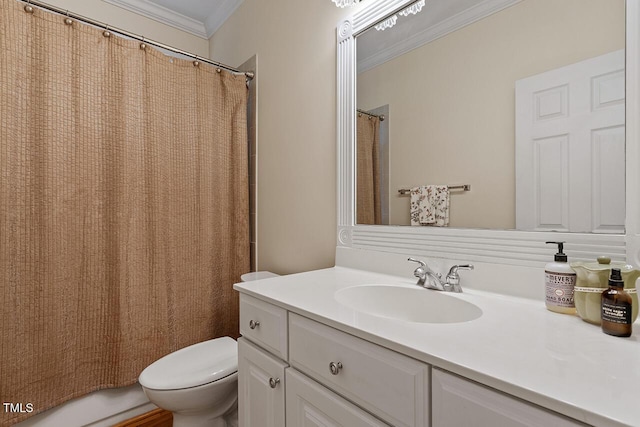 full bath featuring curtained shower, crown molding, vanity, and toilet