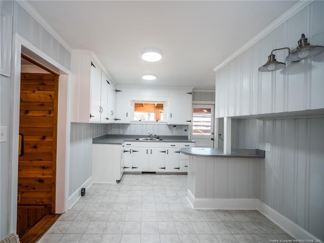 kitchen featuring crown molding, a sink, and white cabinets