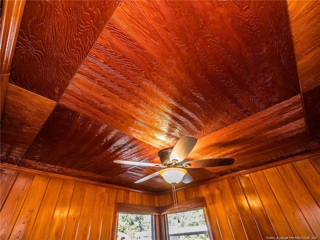 room details featuring ceiling fan, wood walls, and wood ceiling