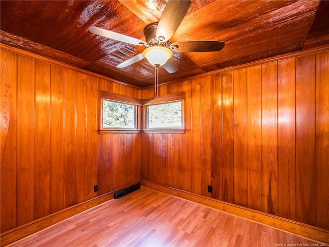 unfurnished room featuring visible vents, a ceiling fan, wooden walls, light wood-type flooring, and wooden ceiling