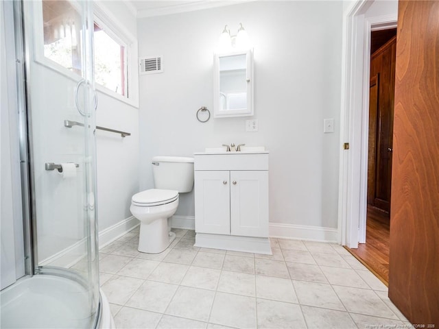 full bath featuring visible vents, toilet, a shower stall, vanity, and tile patterned flooring