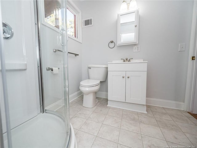 bathroom with tile patterned flooring, visible vents, a shower stall, and vanity