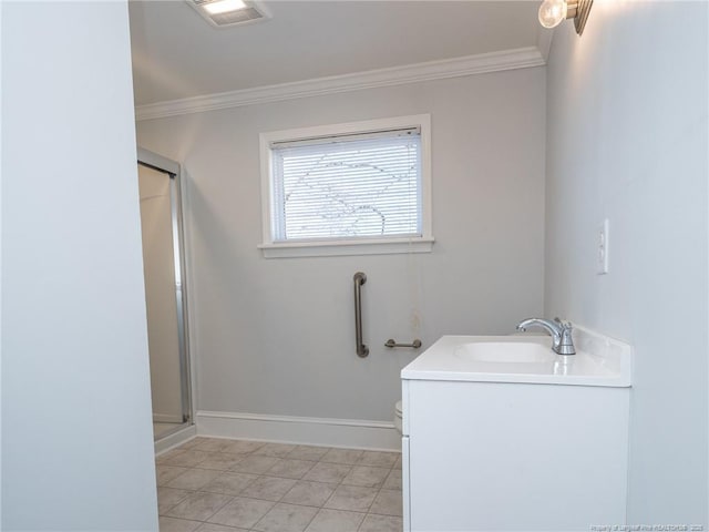 full bath featuring visible vents, a stall shower, vanity, and crown molding