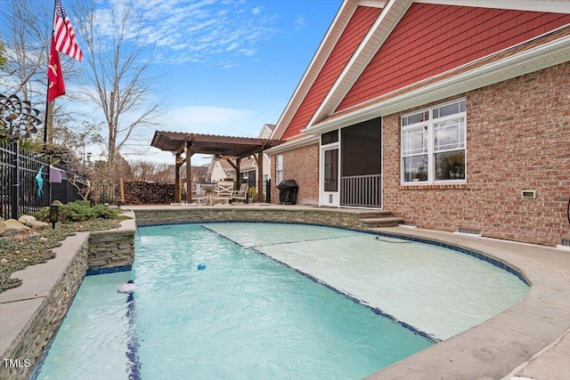 view of pool with a fenced in pool, a fenced backyard, a patio, and a pergola