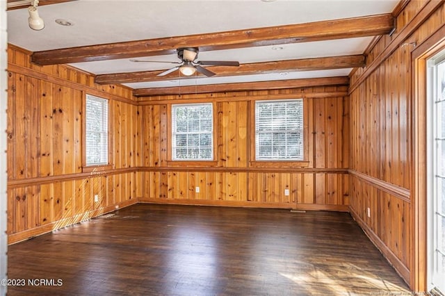 unfurnished room with ceiling fan, dark wood-type flooring, beam ceiling, and wooden walls