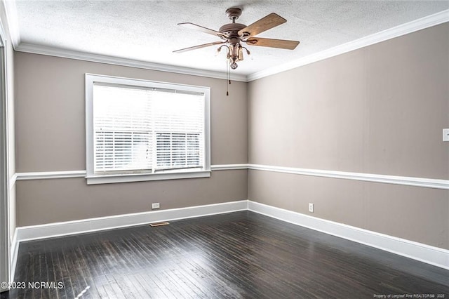 empty room featuring baseboards, ceiling fan, ornamental molding, dark wood-type flooring, and a textured ceiling