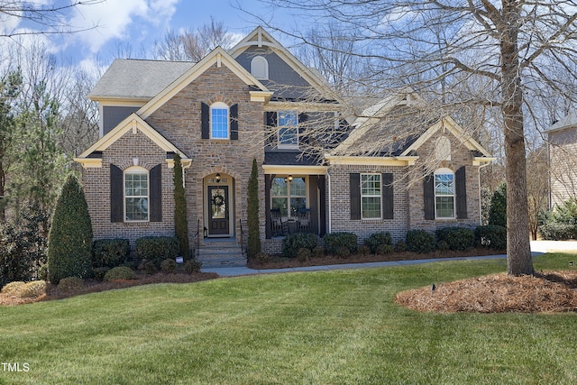 view of front of house with a front yard and brick siding