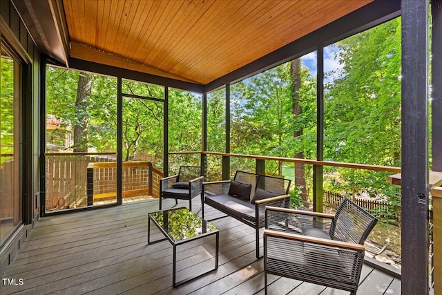 sunroom / solarium featuring wood ceiling