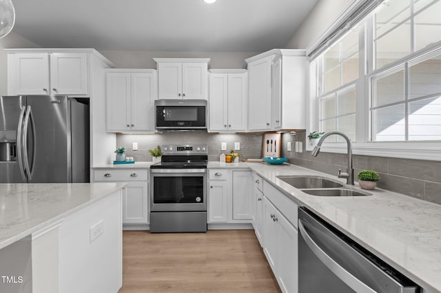 kitchen with decorative backsplash, appliances with stainless steel finishes, white cabinetry, a sink, and light wood-type flooring