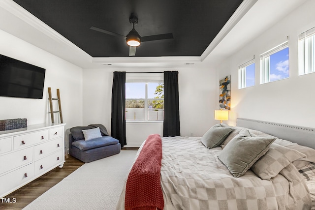 bedroom featuring dark wood-style floors, multiple windows, and a raised ceiling