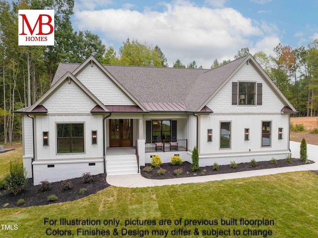 view of front of home with covered porch, a front lawn, board and batten siding, and a standing seam roof