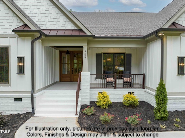 property entrance with covered porch, roof with shingles, crawl space, and board and batten siding