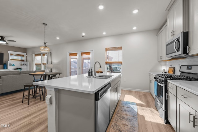 kitchen with stainless steel appliances, light countertops, open floor plan, a kitchen island with sink, and a sink