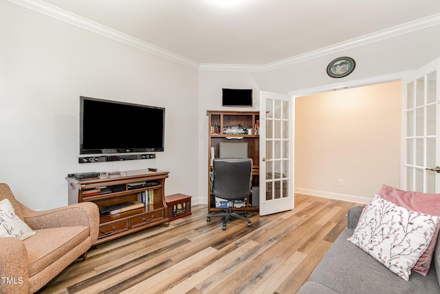 office featuring ornamental molding, french doors, baseboards, and wood finished floors