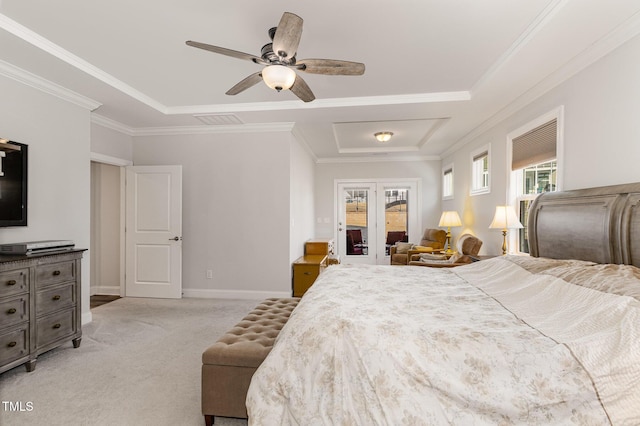 bedroom featuring light carpet, access to outside, baseboards, and crown molding