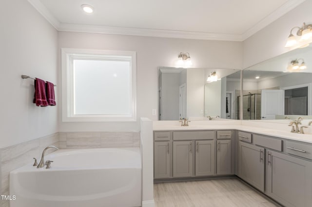 bathroom with ornamental molding, a sink, a shower stall, and double vanity