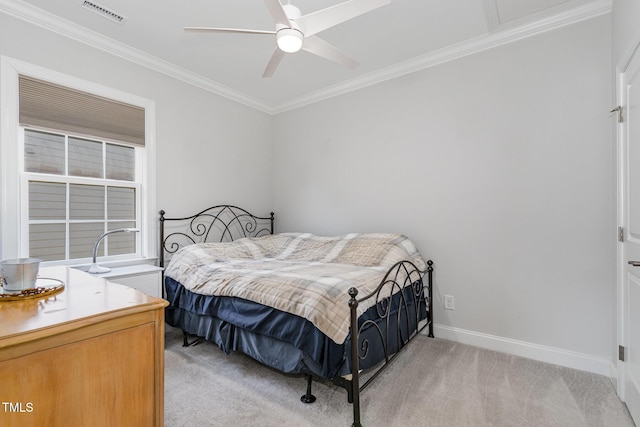 bedroom featuring light carpet, crown molding, visible vents, and baseboards