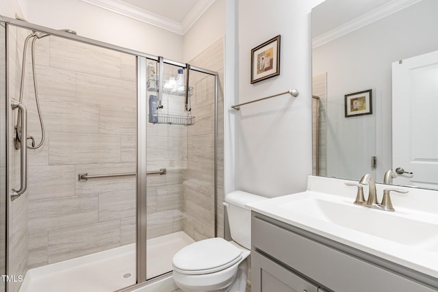 full bathroom with toilet, a stall shower, ornamental molding, and vanity