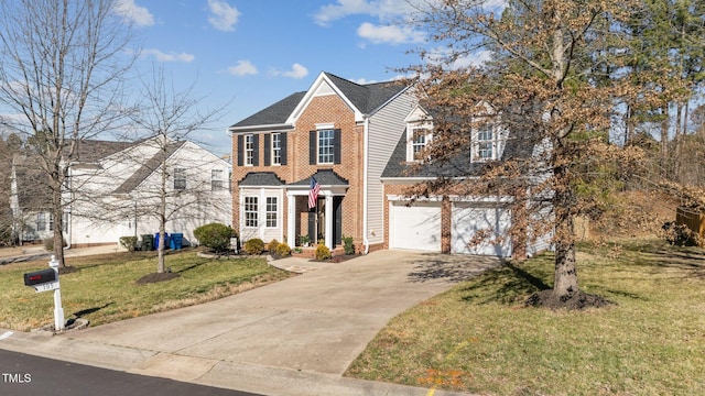 view of front of home with driveway, brick siding, a front lawn, a garage, and a shingled roof