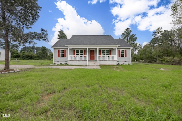 view of front of house with crawl space, covered porch, and a front lawn