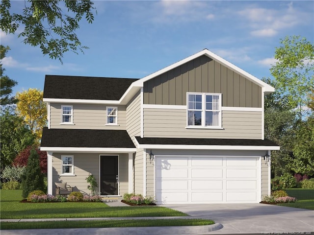 view of front facade featuring driveway, a garage, roof with shingles, a front lawn, and board and batten siding