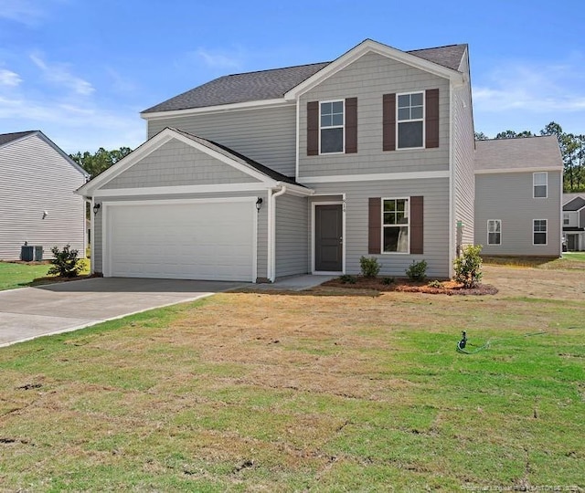 814 Tori Dr, Spring Lake, NC 28390 - view of front of property featuring a garage, concrete driveway, a front lawn, and central air condition unit