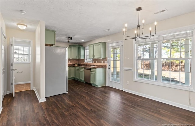 kitchen featuring a sink, appliances with stainless steel finishes, visible vents, green cabinets, and dark wood-type flooring