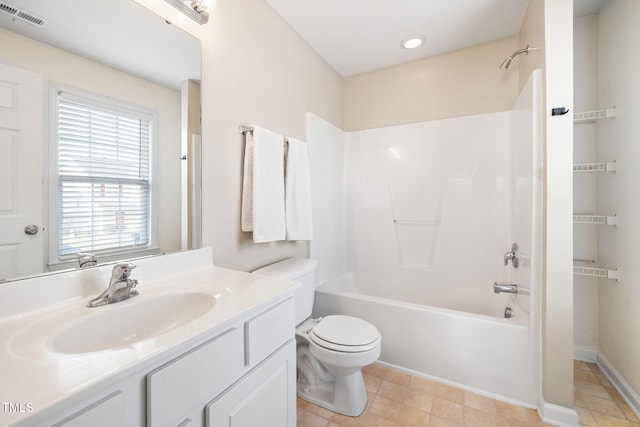 full bath featuring visible vents, shower / bathing tub combination, vanity, and toilet