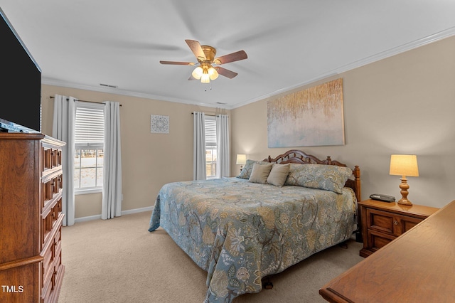 bedroom with light carpet, ceiling fan, baseboards, and ornamental molding