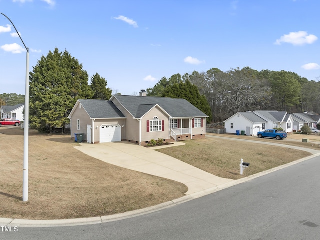 ranch-style house featuring a garage, a shingled roof, driveway, crawl space, and a chimney