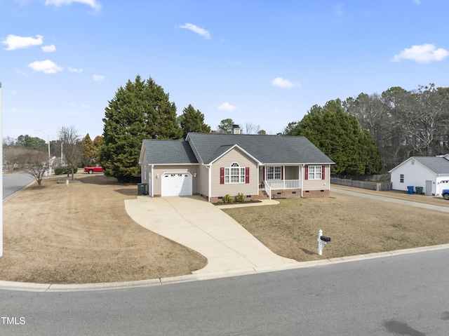 ranch-style house with driveway, roof with shingles, crawl space, an attached garage, and a front lawn