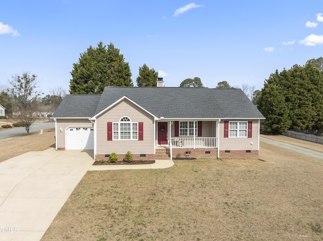 single story home with crawl space, covered porch, driveway, and a chimney