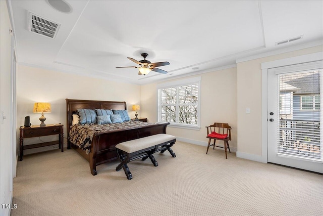 bedroom with light carpet, a ceiling fan, visible vents, and baseboards