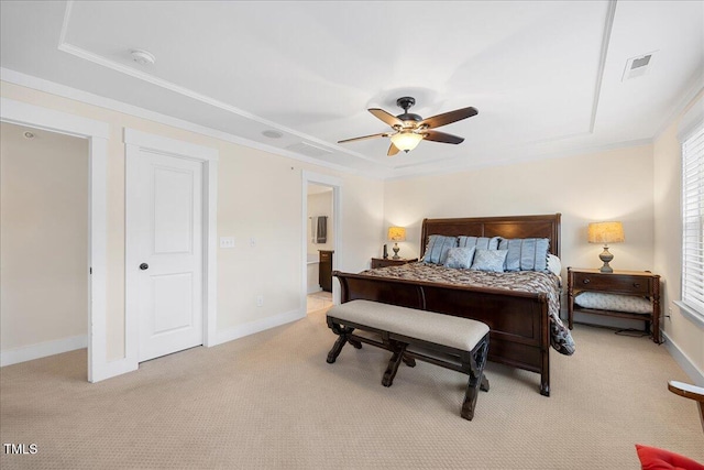 bedroom featuring baseboards, visible vents, light colored carpet, ceiling fan, and crown molding